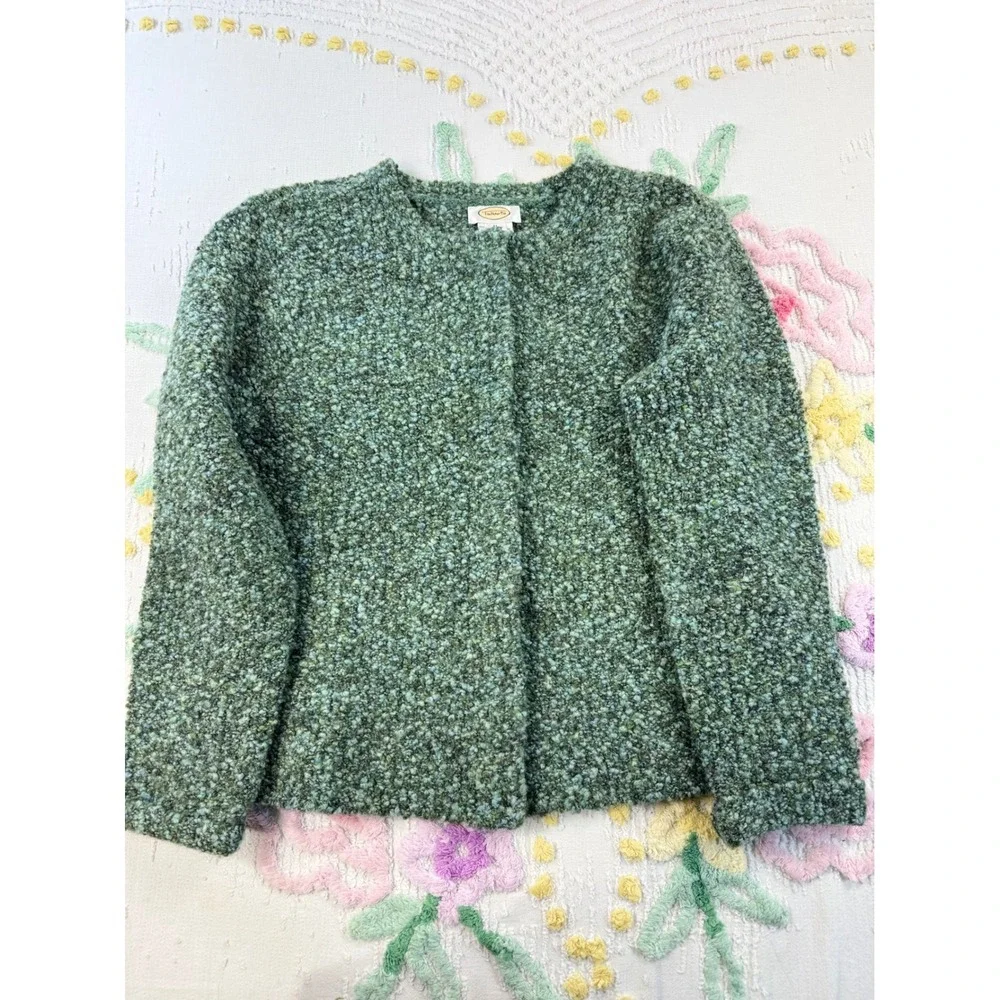 Talbots Green Blue Boucle Wool Blend Snap Front Cardigan Sweater Womens XL